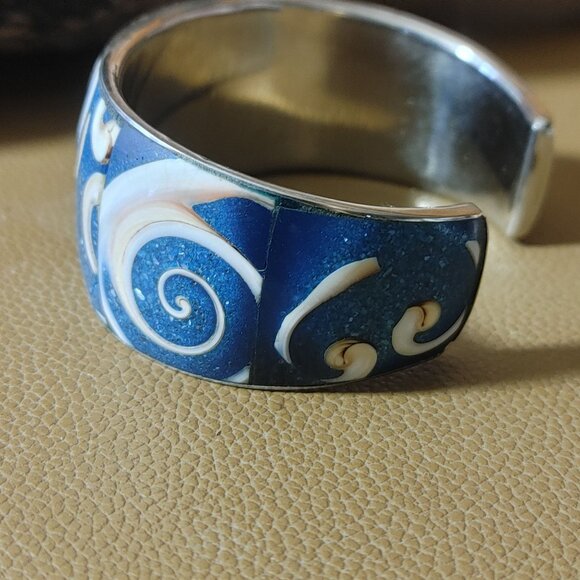 Conch Shell Inlay Swirl Textured Cuff Bracelet Blue Pink White Natural Stone - Picture 5 of 14